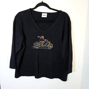 Vintage Christmas Shirt Women's Size Large Black Santa Motorcycle Beads
